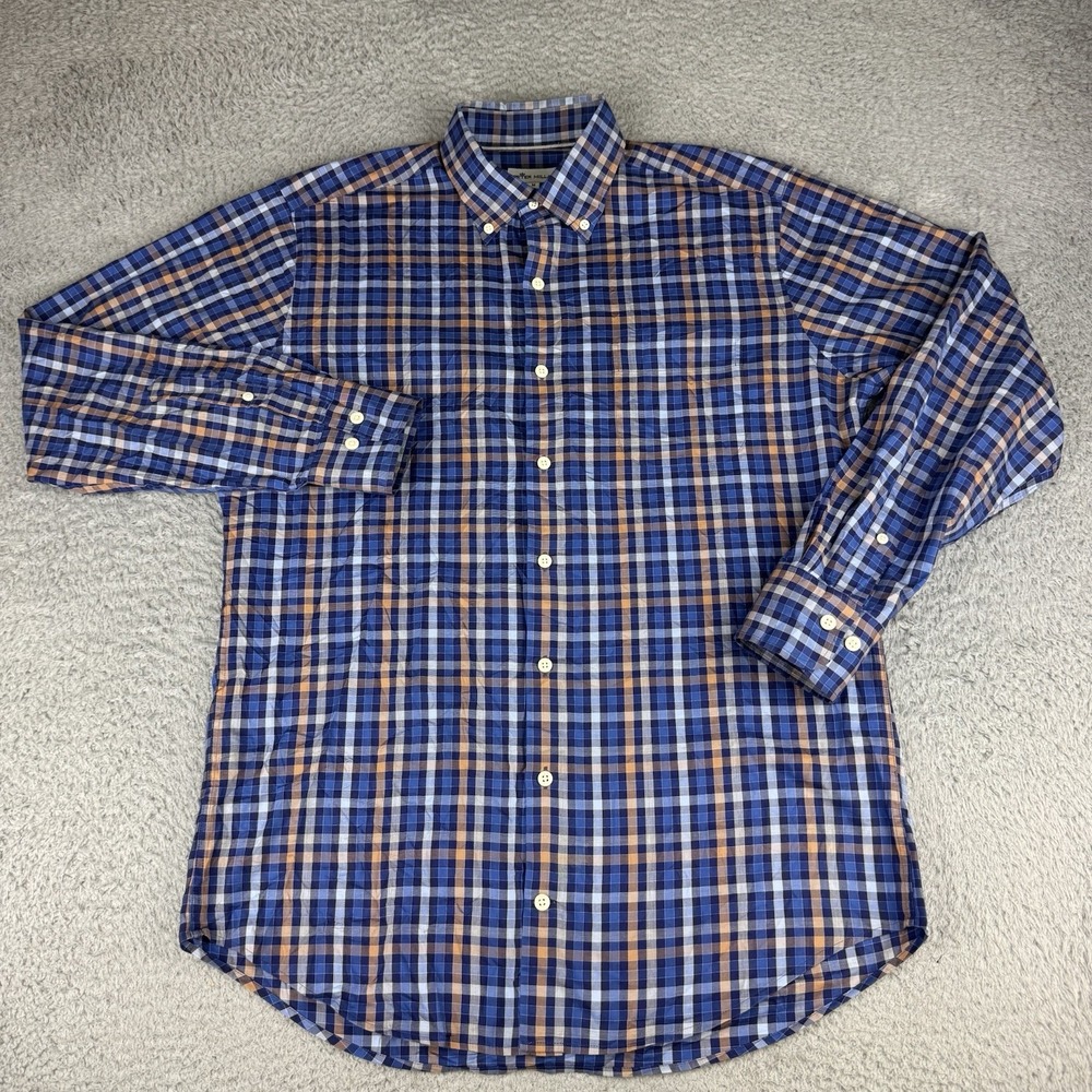 Peter Millar Mens Blue Orange Plaid Flannel Button Down Shirt Size Medium Preppy